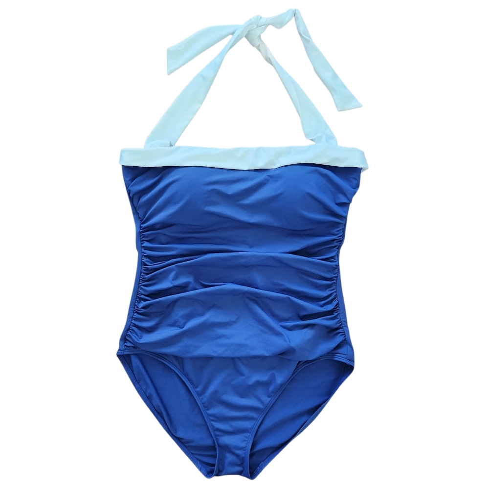 Ralph Lauren One‎ Piece Swimsuit 14 Blue Beach Vacation Resortwear Coastal Retro
